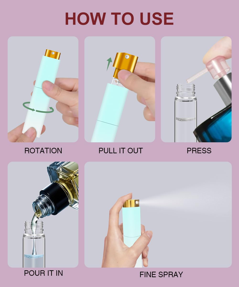 YOUXIU Travel Perfume Bottle Refillable 10ml Mini 4 Pack Purple Pink Blue White