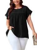 SHESTARR Women's Plus Size Crewneck Lace Crochet Short Sleeve Top Black XL Plus