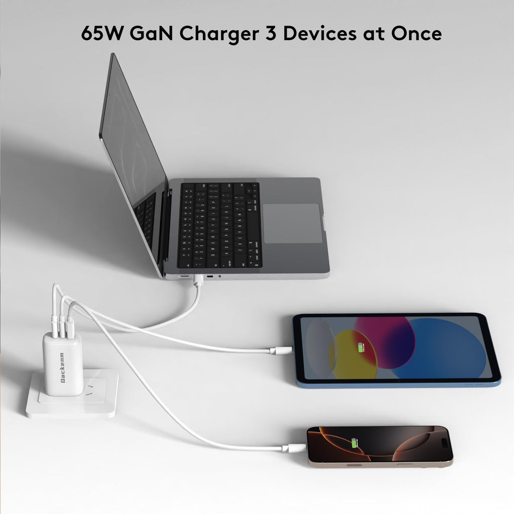 Qackenm 65W 3-Port GaN USB C Charger Foldable Fast Charging White