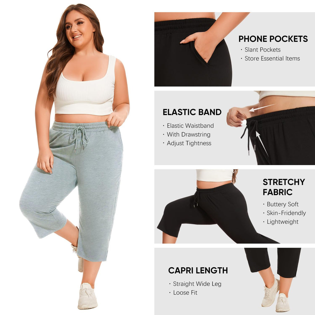 Gyrans Plus Size Wide Leg Yoga Capris Pants with Pockets Light Gray Size 3X