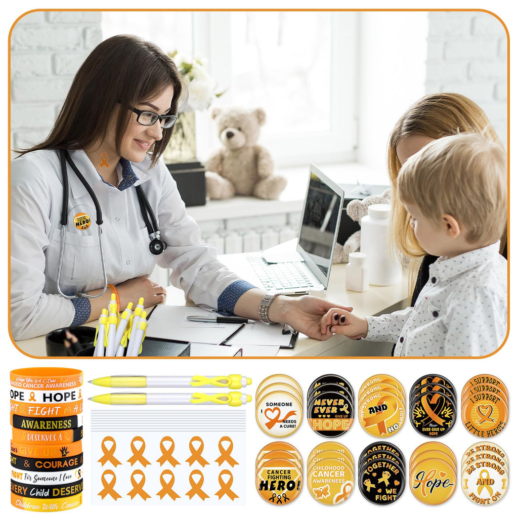 PullCrease Childhood Cancer Awareness Kit 400 Pcs Gold Ribbon Pens Bracelets