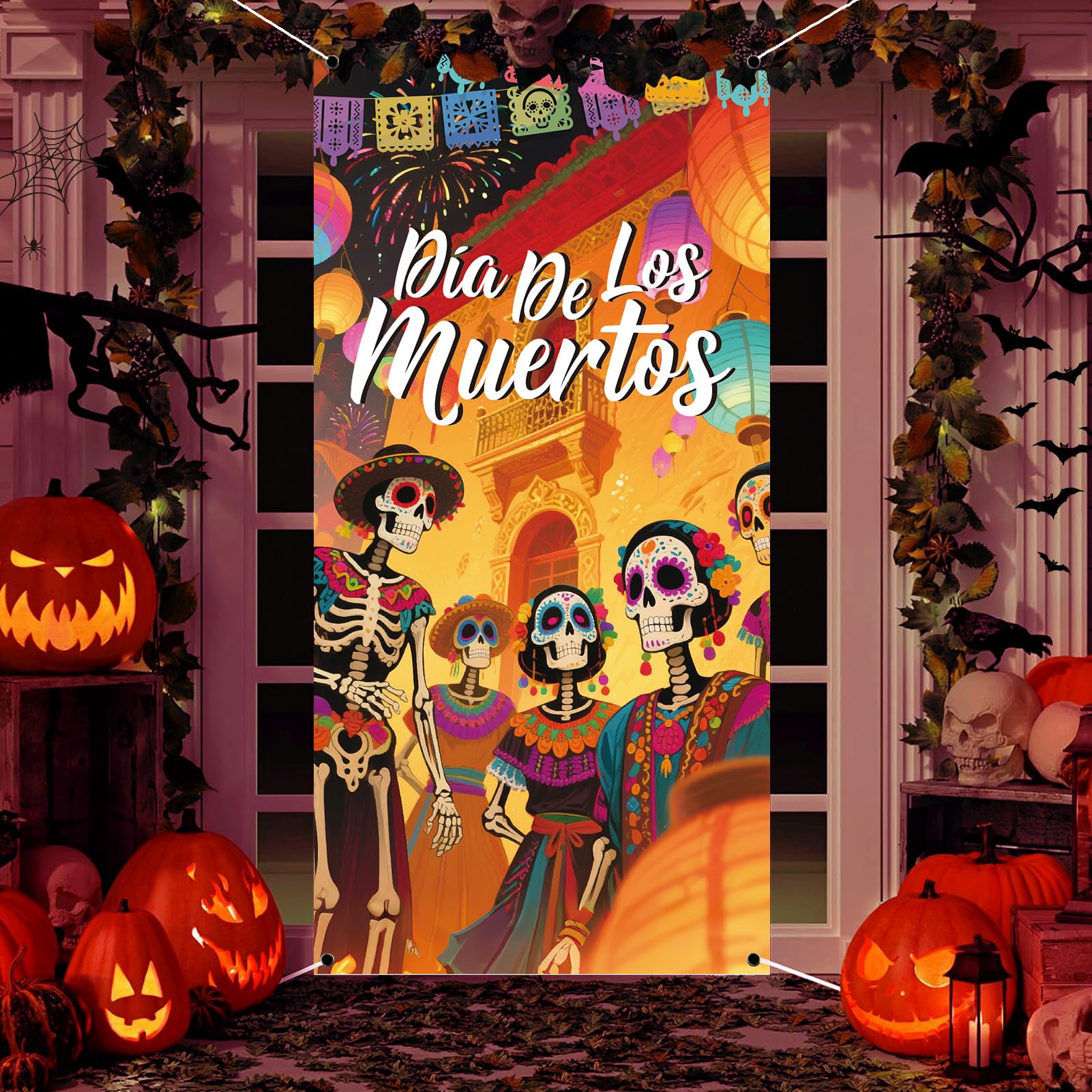 Day of The Dead Door Cover Sugar Skull Flowers Multi-colored 03