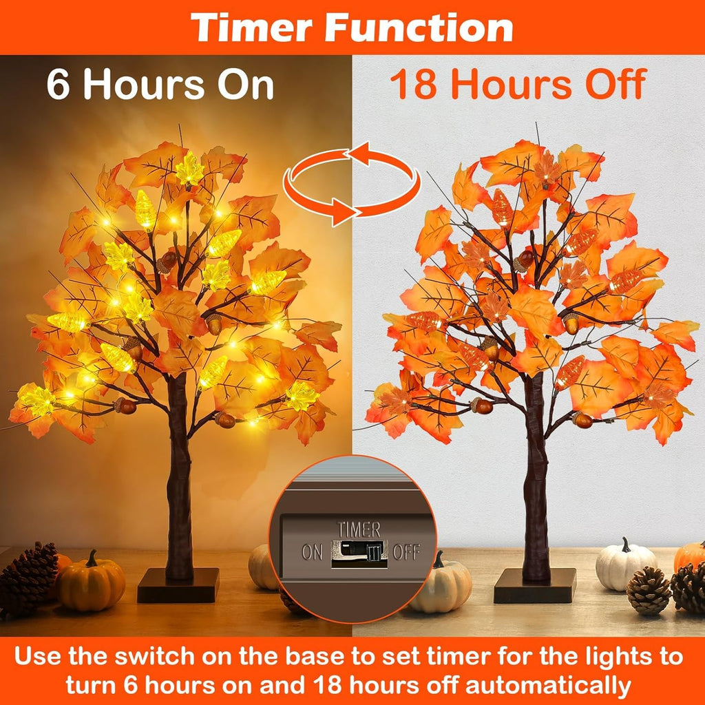 SURCVIO 2 Pack 24in Prelit Fall Maple Tree Decorations 48 LEDs Timer Battery