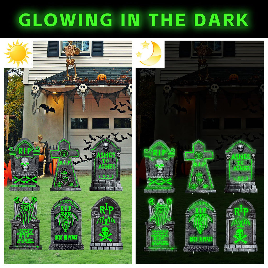 CiniQy Halloween Tombstones 6 Pack Light Up 16.5x11.5" Waterproof Outdoor Decor