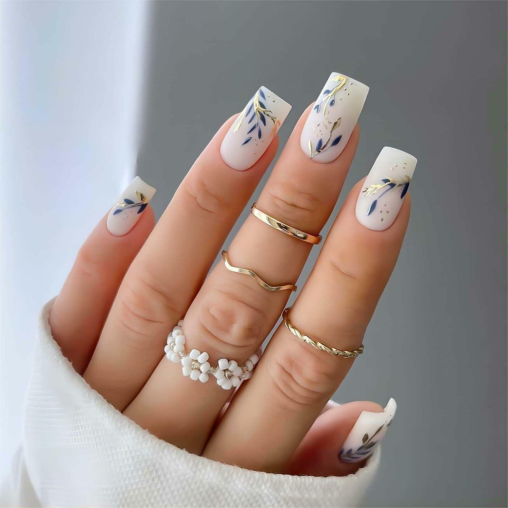 RUOKEXIN Acrylic Coffin Nails 24Pcs Red Blue Flower Gold Rhinestones Glossy