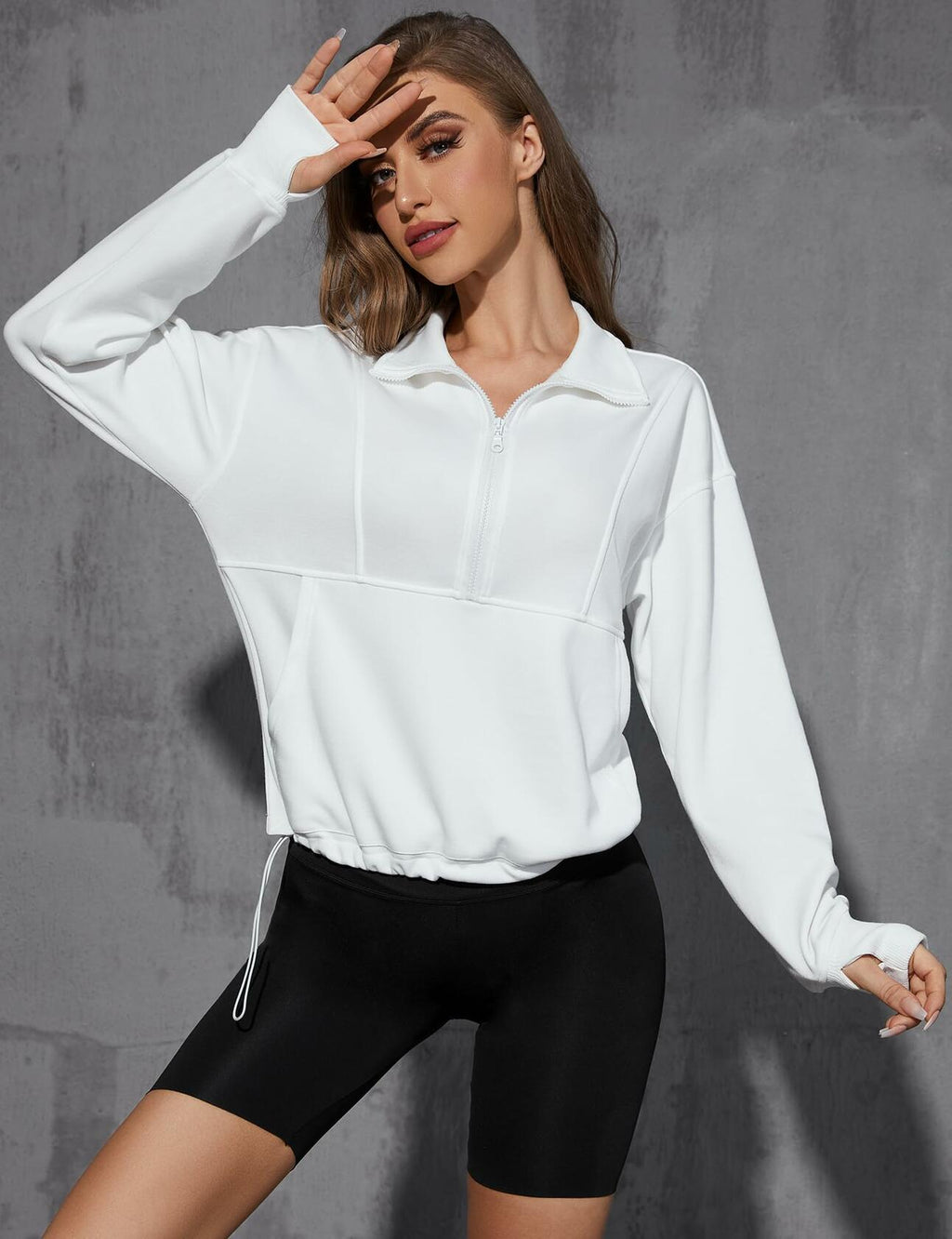Womens Half Zip Pullover Sweatshirt White Fleece Crop Top with Pocket Size XL