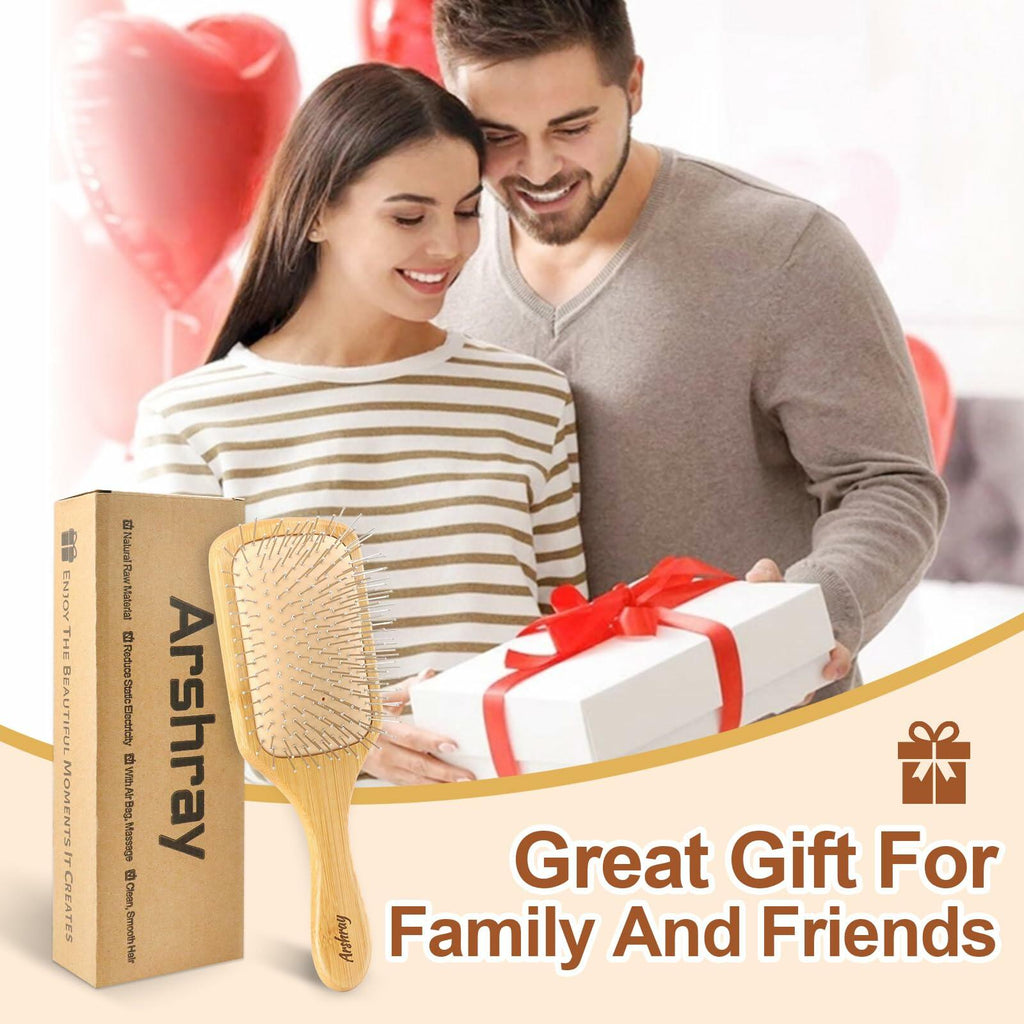 Arshray Bamboo Paddle Hair Brush Stainless Steel Teeth All Hair Types