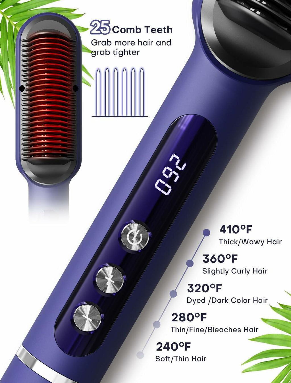 RakRlek Handor Ionic Hair Straightener Brush 9 Temp Settings Fast Heating Blue