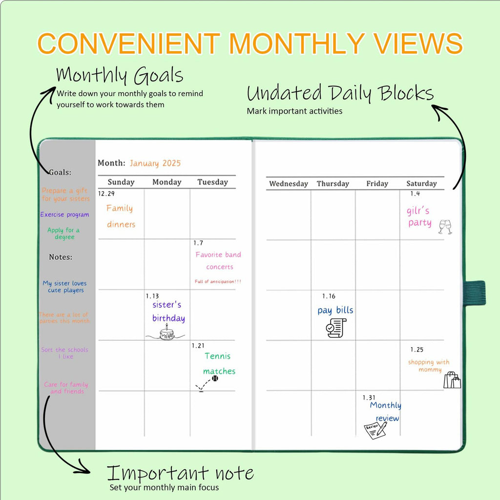 YOJO 2025 Undated A5 Weekly Planner with Goal & Habit Tracker Green