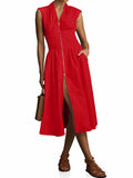 Wenrine Womens Summer Smocked Midi Dress V Neck Cap Sleeve Red Size M