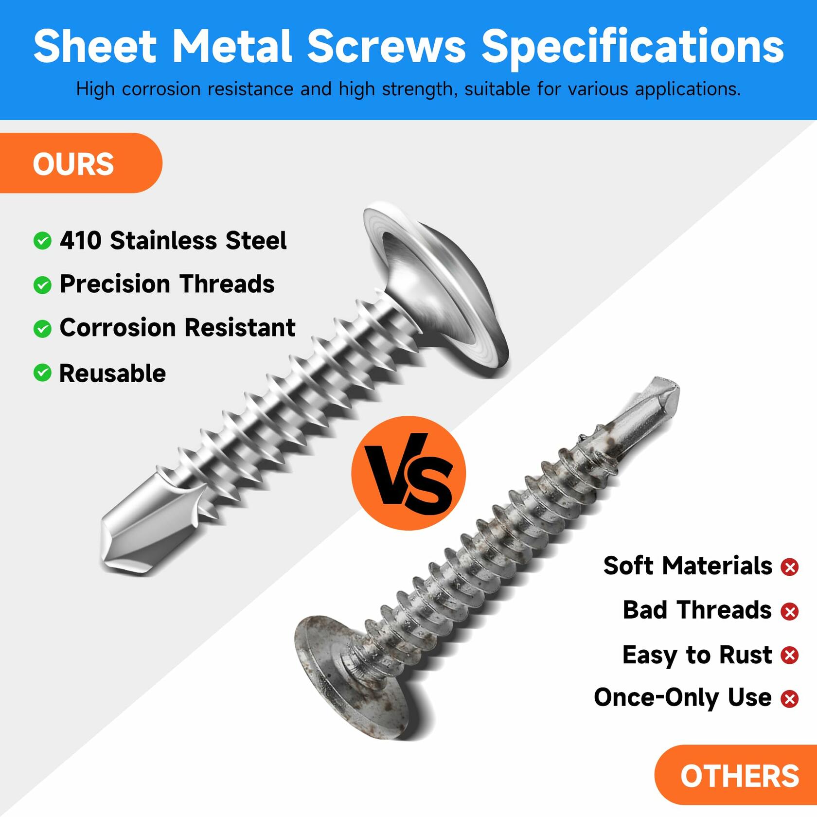 Marysino 100Pcs #8x1-1/2" 410 Stainless Steel Self Tapping Screws Metal