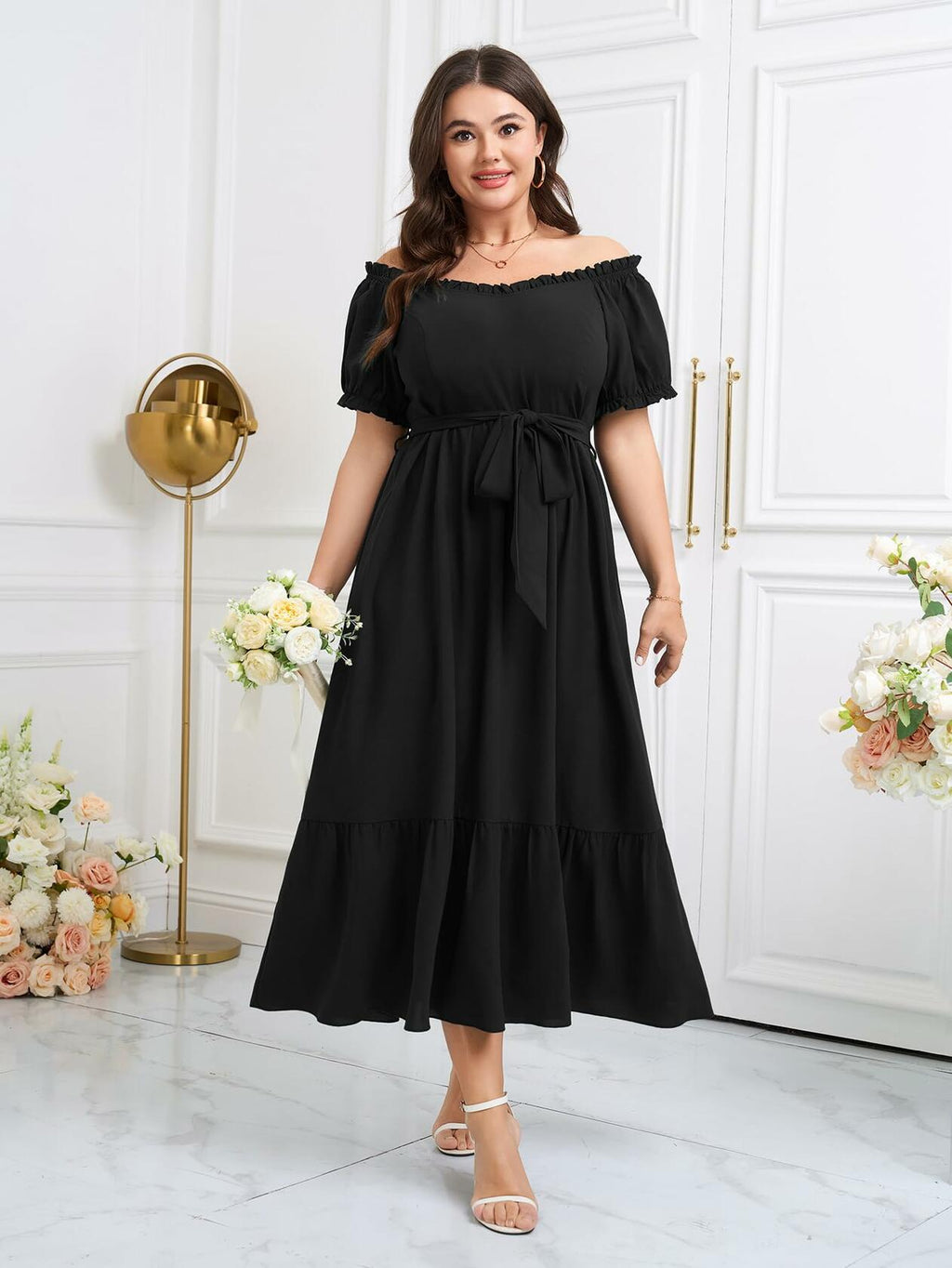 SCOMCHIC Plus Size Off Shoulder Puff Sleeve Maxi Dress Belt Black Size 3X