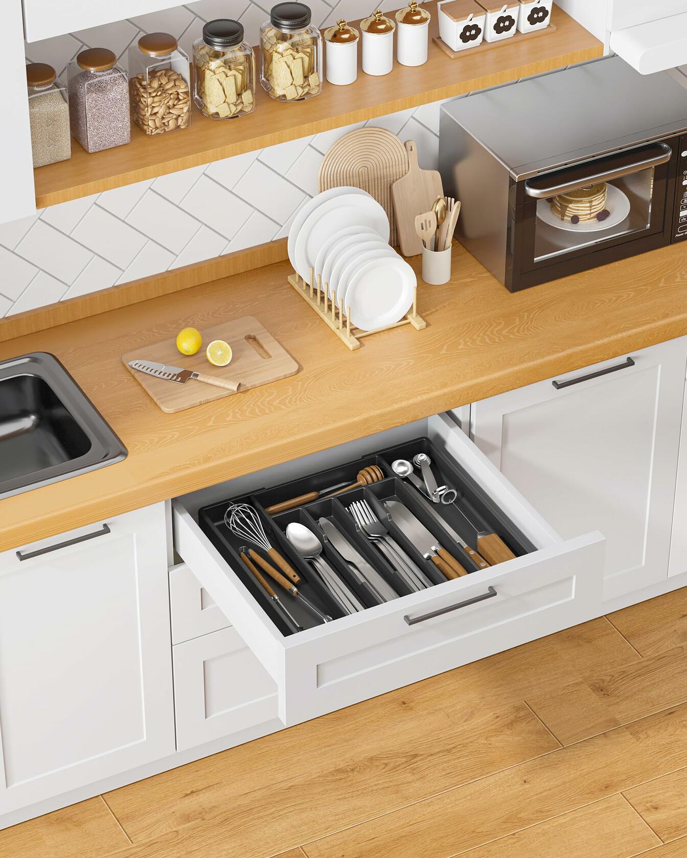 Kitsure Expandable Silverware Drawer Organizer 7Compartments Black 13.2x12.2x1.6