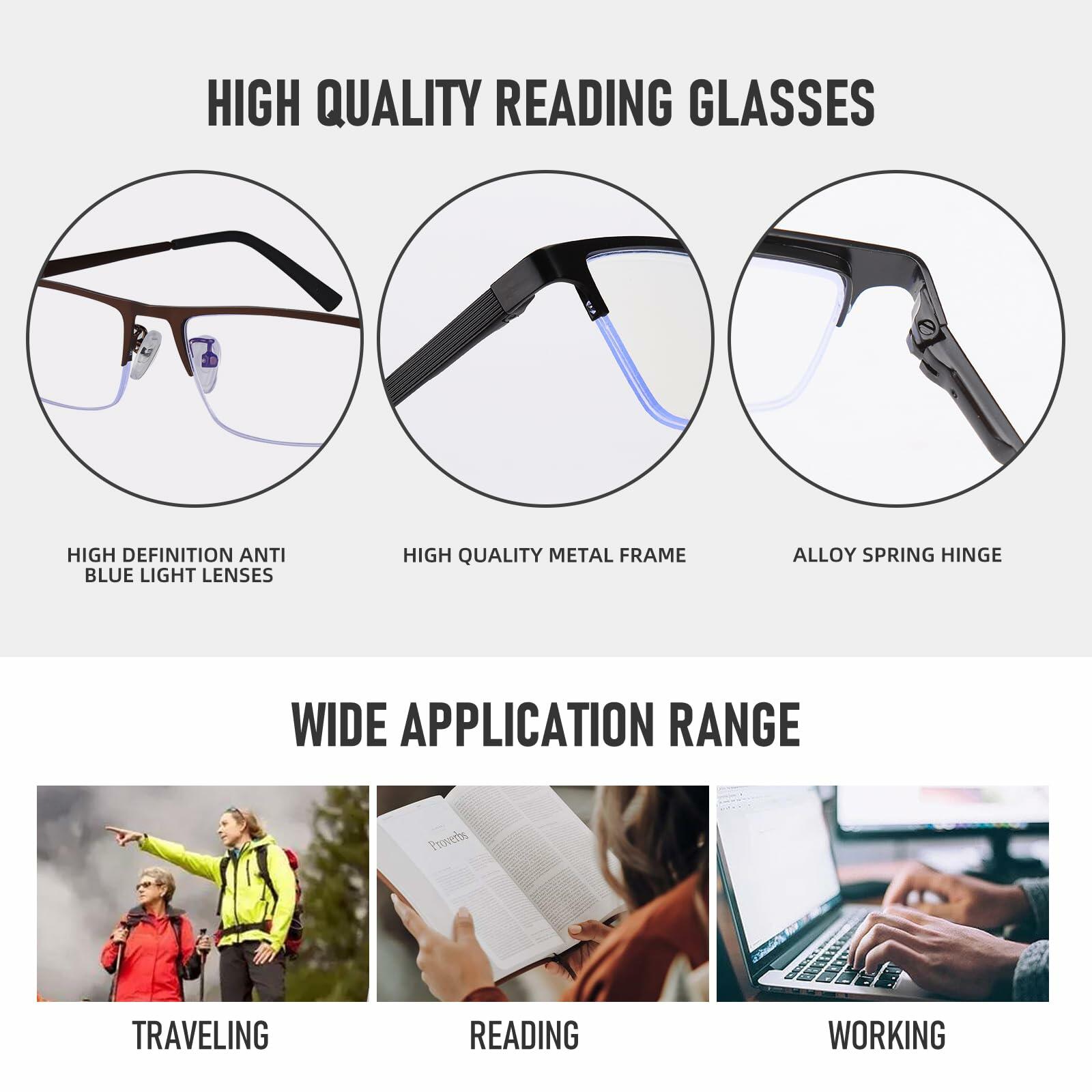 Anourney 3 Pack Mens Reading Glasses Metal Half Frame Blue Light +2.75