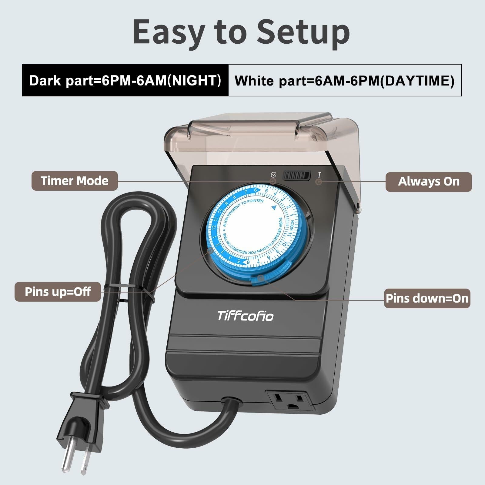 TiFFCOFiO Outdoor Waterproof Timer 24H Mechanical 2 Outlets 15A Heavy Duty